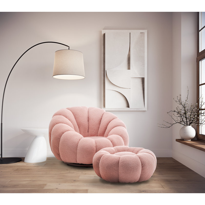 Mirielle Perse Teddy Boucle Swivel Accent Chair with Footstool, Pink