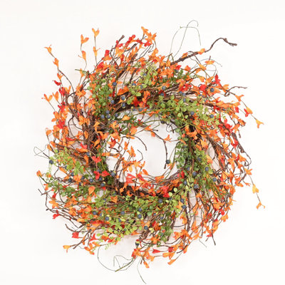 24" Artificial Farmhouse Twig Blossom Cluster Fall Foliage Berry Thanksgiving Day Harvest Front Door Wreath