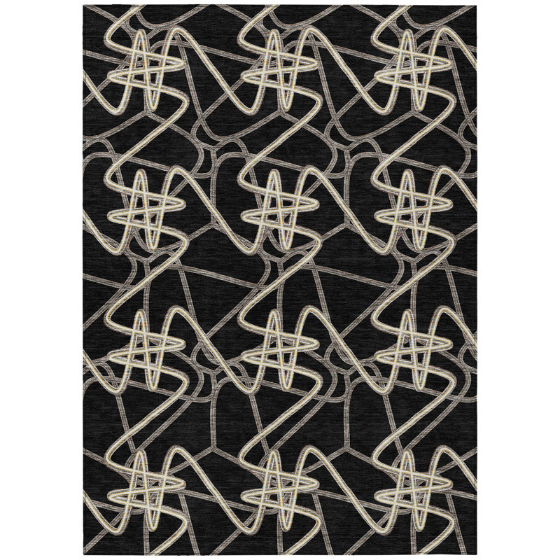 3' X 5' Black Ivory And Brown Geometric Washable Indoor Outdoor Area Rug