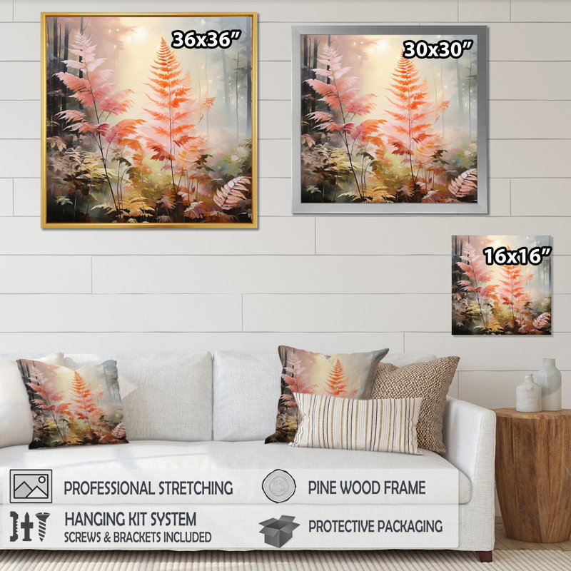 Impression romantique de fougères pêche - Floral, H 30 po x l 30 po x P 1 po, Cadre flottant noir