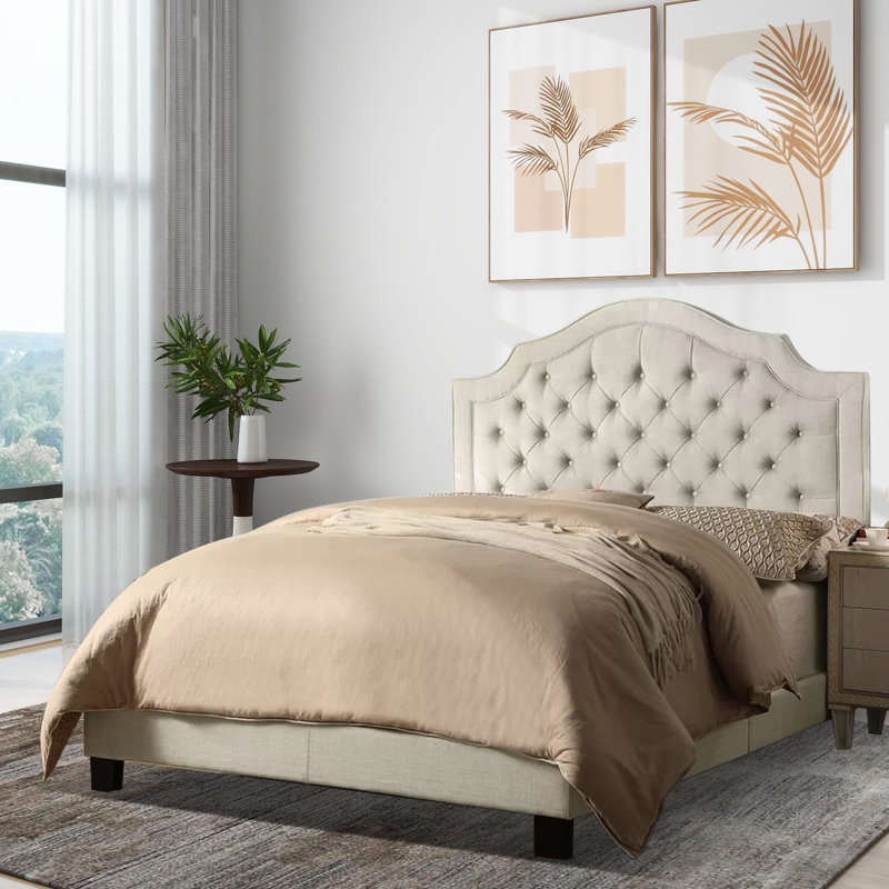Lit rembourré en lin avec tête de lit réglable et capitonnage à boutons, Beige, Très grand lit