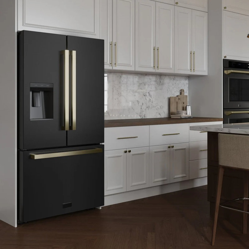 Zline Autograph Edition 36 In. 28.9 Cu. Ft. Standard-depth French Door External Water Dispenser Refrigerator With Dual Ice Maker In Fingerprint Resistant Stainless Steel And Champagne Bronze Square Handles