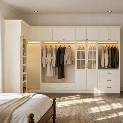 Modular Wardrobe Closet System with LED Lighting, Drawers, Shelves, Hanging Rods and Shoe Storage, White