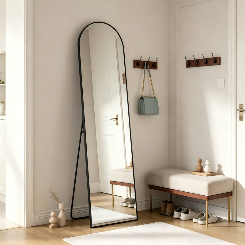 59×16 Inch Black Arched Full-Length Mirror, Wall-Mounted Or Tilted Hanging, Or Floor-Standing And Versatile.