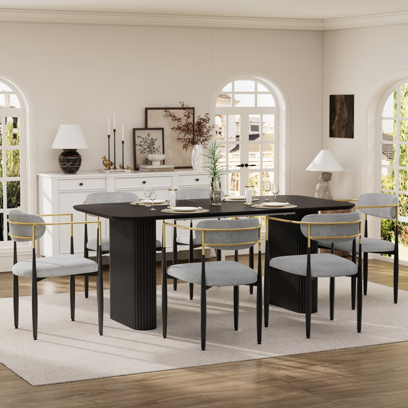 Rectangular Dining Table for 4-6 People, White, 7 Pieces: Table, 6 Chairs, Gray