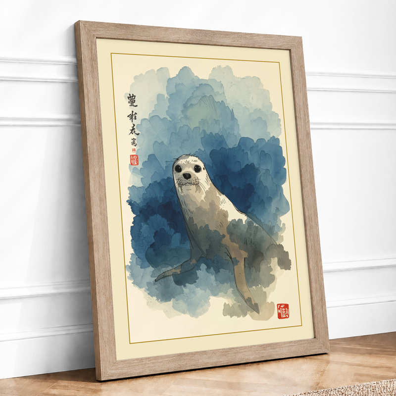 Mountain Otter Japandi - Framed Print, A2 - 59.4 x 42.0 cm, Oak