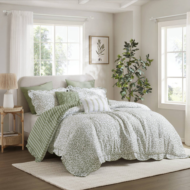 Ensemble d'édredon 5 pièces Darcy, Vert sauge, Édredon de très grand lit et 4 pièces additionn