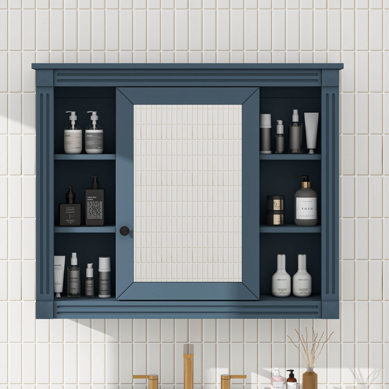 Armoire à pharmacie murale avec miroir, 6 tablettes ouvertes, Bleu