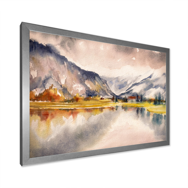 Paysage d'automne avec le ciel reflété sur le lac - Peinture sur toile, H 16 po x l 32 po, Cadre photo argenté