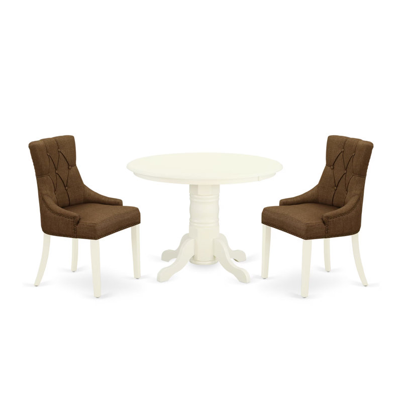 L'ensemble de table de salle à manger 3 pièces comprend une table de salle à manger ronde avec piédestal et 2 chaises de salle à manger Parsons en lin brun, blanc lin