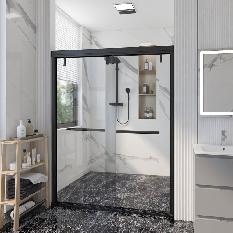 44''-48'' W X 71'' H Double Sliding Semi-Frameless Shower Door With  0.24"(6mm) Tempered Glass，Stainless Steel Accessories