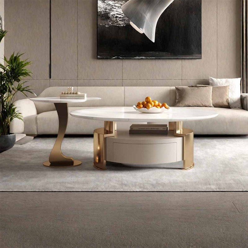 Table basse Creative en pierre supercristalline, H 16,5 po x L 35,4 po x l 35,4 po, Doré, Blanc