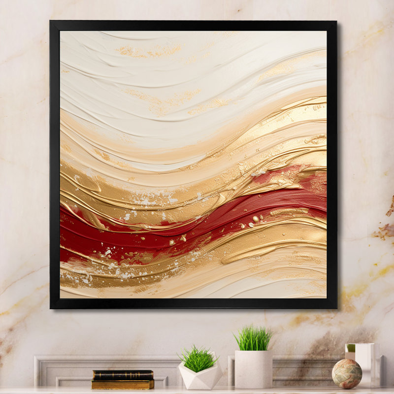 «Gold and Red Soft Wave Fusion», impression sur toile abstraite, Cadre simple noir, H 36 po x l 36 po x P 1,5 po