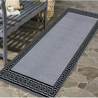 Plain Rug with Greek key Bordered Gel backed Rug Allissia Grey/Black Rug