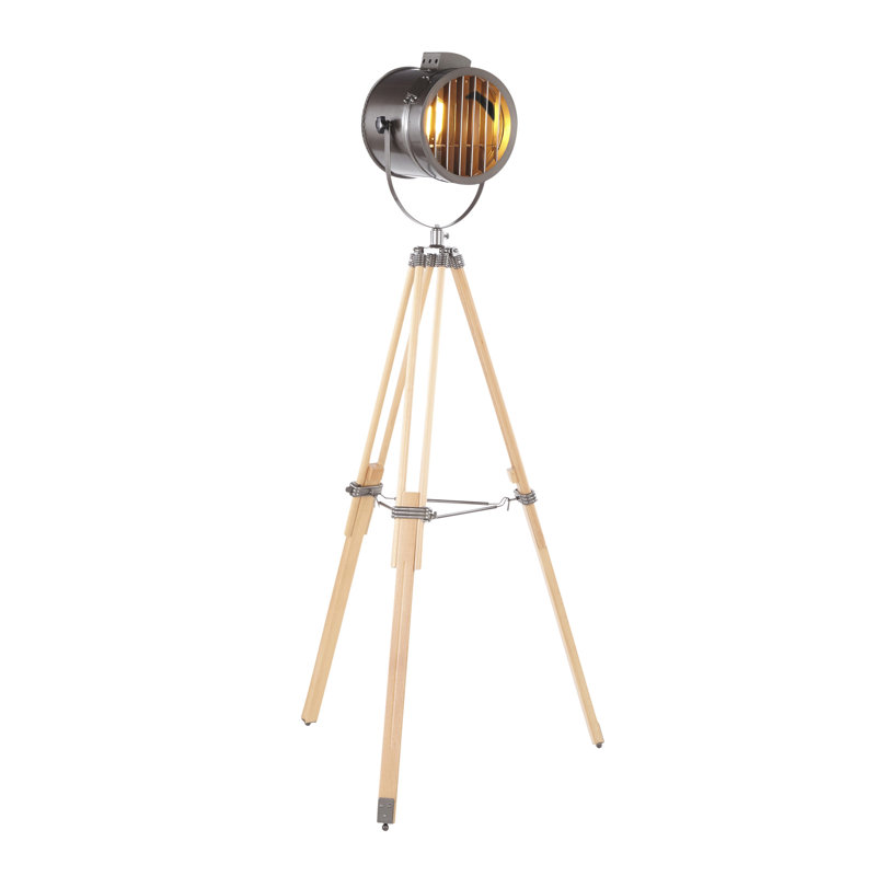 Floor Lamp in Natural Wood and Antique Metal