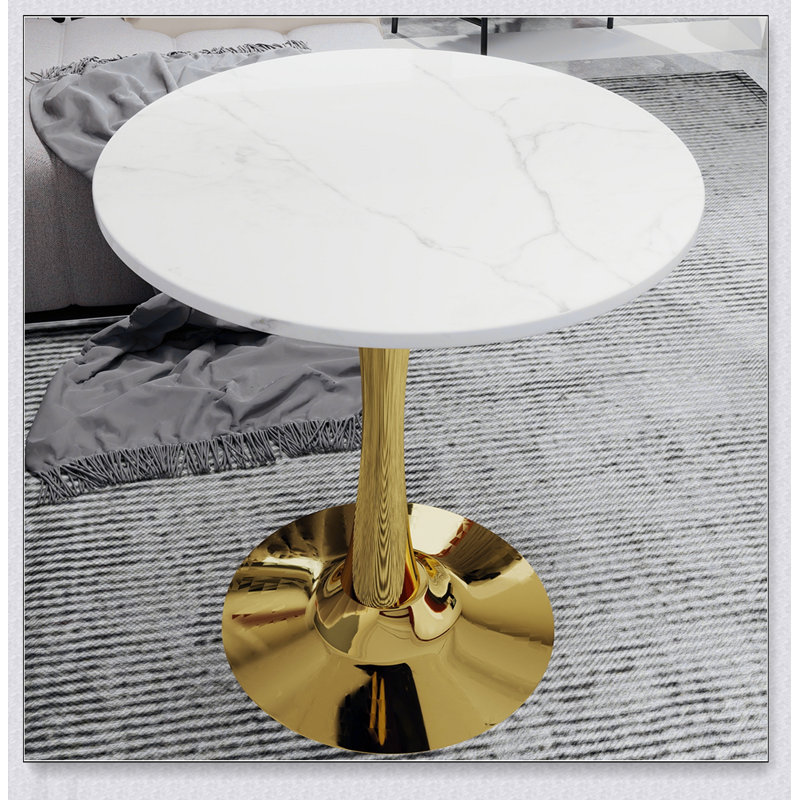 Table basse ronde de style Mid-Century moderne, plateau élégant en marbre avec base en piédestal doré, parfaite pour 2 à 4 personnes