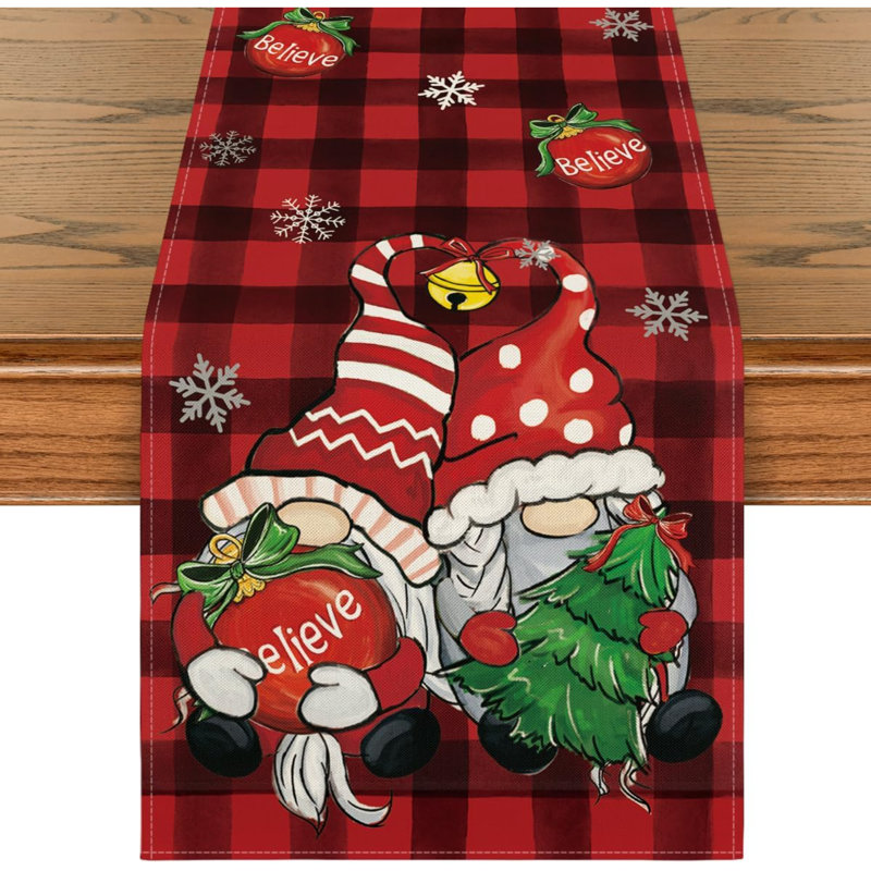 Red And Black Buffalo Plaid Gnome Believe Snowflakes Christmas Table Runner, Seasonal Winter Holiday Kitchen Dining Table Decoration For Home Party Decor
