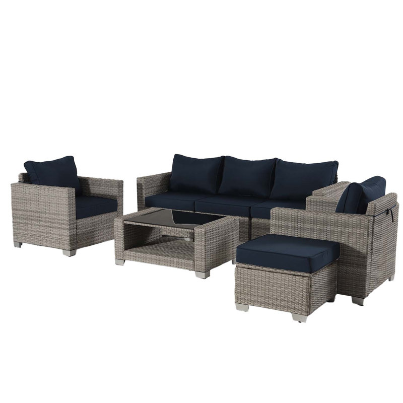 Canapé modulaire d'extérieur en osier avec coussins Vionette, Bleu, Brun