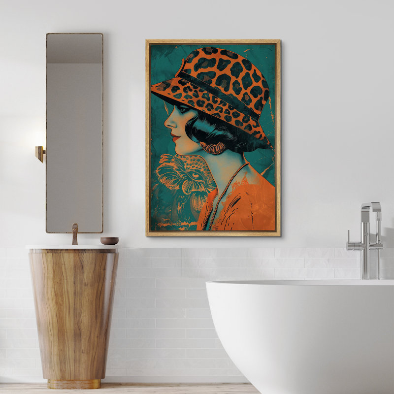 Élégance léopard orange, chapeau, dame, mode, BCBG, décoration de chambre, impression sur toile encadrée, Cadre naturel