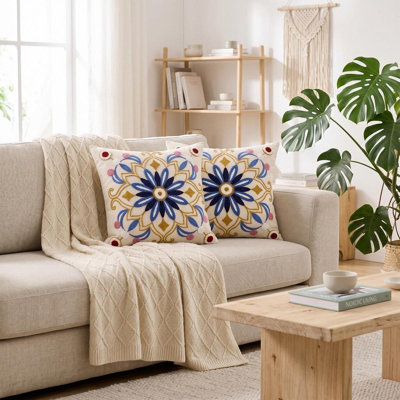 Embroidered Throw Pillow Cover Classic Boho Floral Pattern Pillows Cover