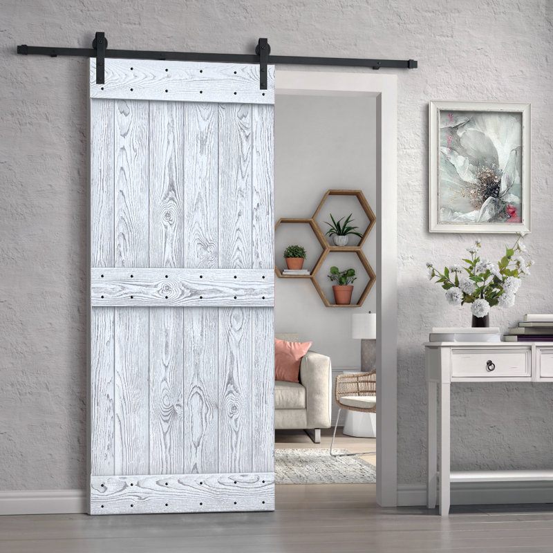 Porte de grange à panneaux en bois et en métal avec trousse de quincaillerie d'installation, Blanc, 36 po x 84 po