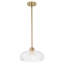 Suspension moderne en laiton naturel à une lumière avec abat-jour en verre transparent texturé diamant, tige réglable, idéale pour un îlot de cuisine ou un hall d'entrée.