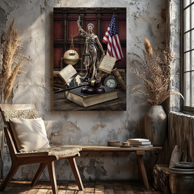 Canvas A Richly Textured Collage Unfolds The Theme Of Justice And Wall Art Law Prominently Featuring A Striking Bronze Statue Of Lady Canvas Wall Art