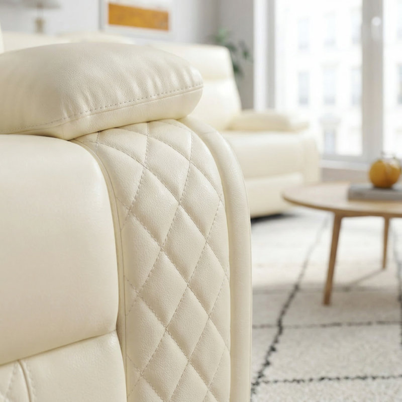 Off-White Durable Semi PU Leather Reclining Sofa - 3-Seat Smart Living Room Furniture With Storage, Cup Holders, Wireless Charging & LED Lights For Family Use