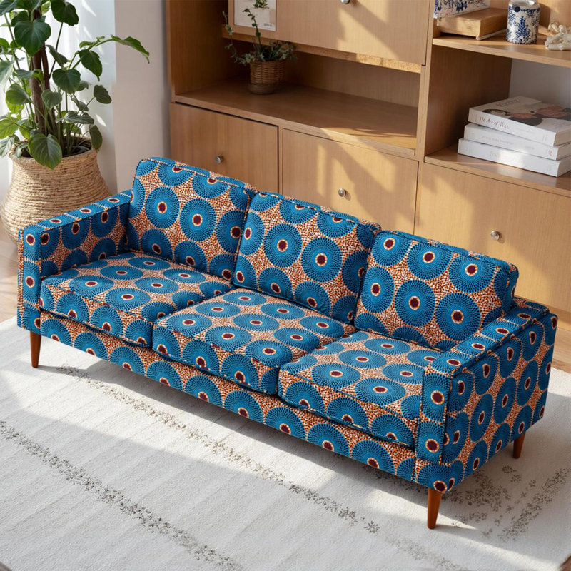 86.6'' Upholstered Velvet Sofa 3 Seater Couch, Loveseat Sofa with Square Arm and 4 Throw Pillow, Bohemian  3-seats Sofa with Solid Wood Legs and Removable Washable Covers, Blue Floral Finish