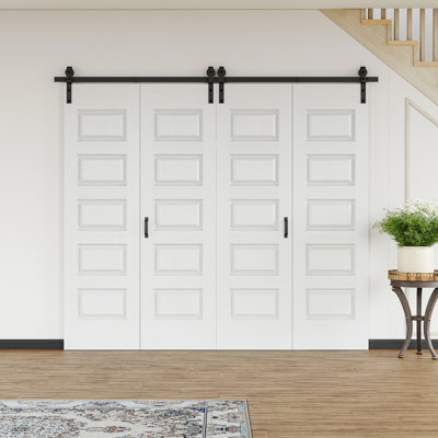 Closet Doors Bi-Fold Barn Door 5-Panelled White Manufactured Wood Pre-Assembled & Paintable Double Bi-Fold Barn Door 96" x 84" With Installation Hardware Kit (Ideal for Tiny Closet,Pantry,Laundry,Bathroom)