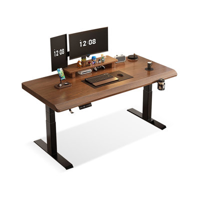 Nut-brown + Black Rectangular Hight adjustable Solid Wood + Steel desk