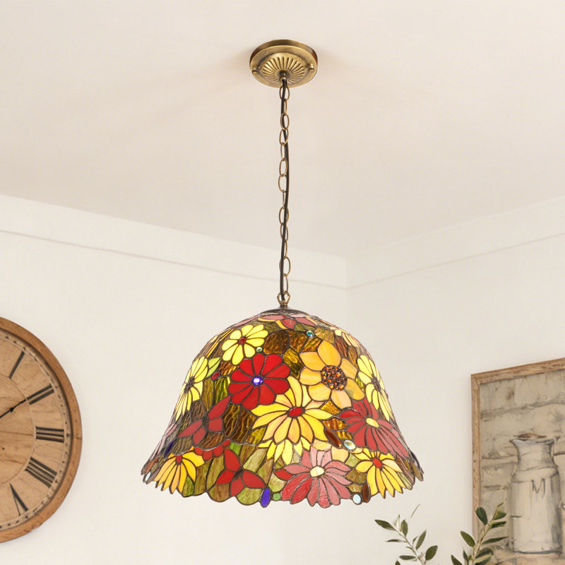 Luminaire suspendu à 2 lumières en verre coloré de style tournesol Tiffany à 2 lumières (inclure 2 ampoules chaudes à intensité variable)