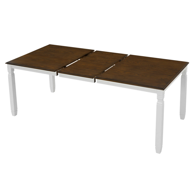 Table de salle à manger extensible de 59 à 77 po pour 4 à 6 personnes, plateau en bois aggloméré peint, table de cuisine de style campagne moderne, pieds en bois d'hévéa massif, peu encombrant pour la cuisine, la salle à manger, le plateau brun et la base beige