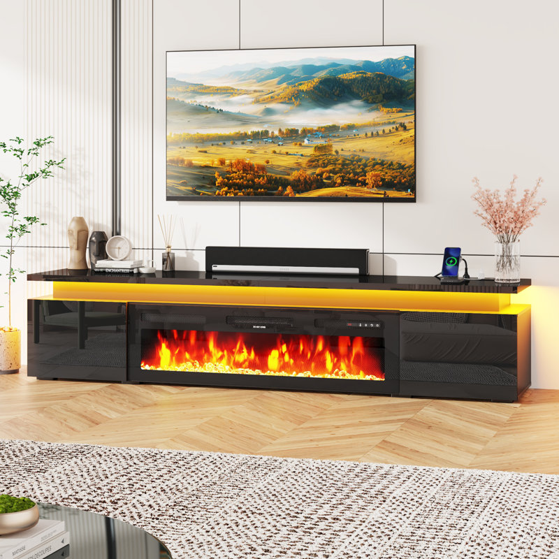 LED TV Stand With 40" Fireplace For Tvs Up To 80", Charging Station/Power Outlet Included, Black, 20.4''H x 90.2''L x 17.7''W