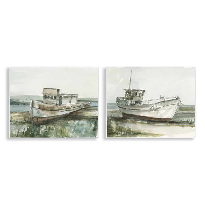 Ensemble de 2 plaques murales de bateaux de pêche abandonnés, design par Ethan Harper