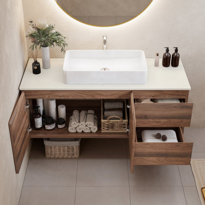 48" Modern Wall-Mounted Bathroom Vanity with Walnut Veneer and White Ceramic Sink
