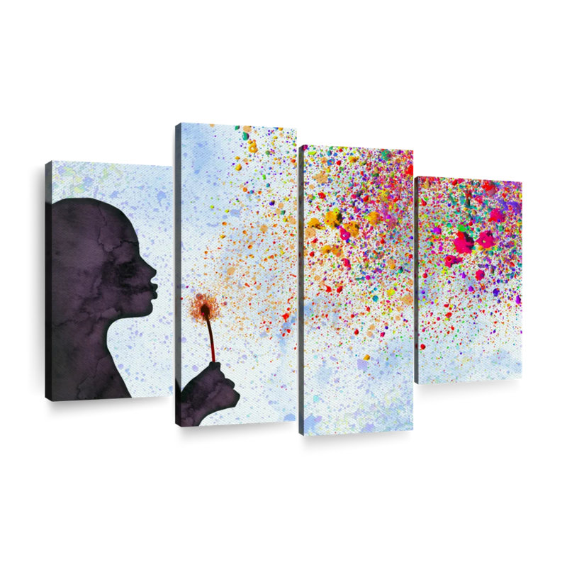 «People Blowing Colorful Dandelion On Canvas», ensemble de 4 pièces par Artsy Sally, H 14 po x l 24 po x P 1 po