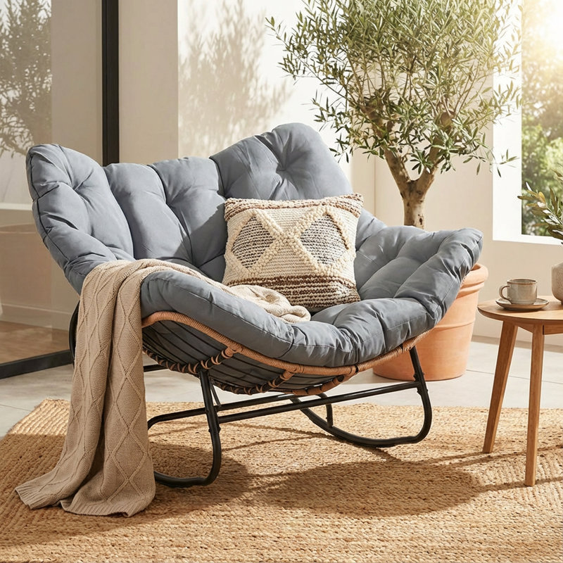 Très grande chaise berçante d'extérieur Papasan avec coussin épais de 6 po, Gris