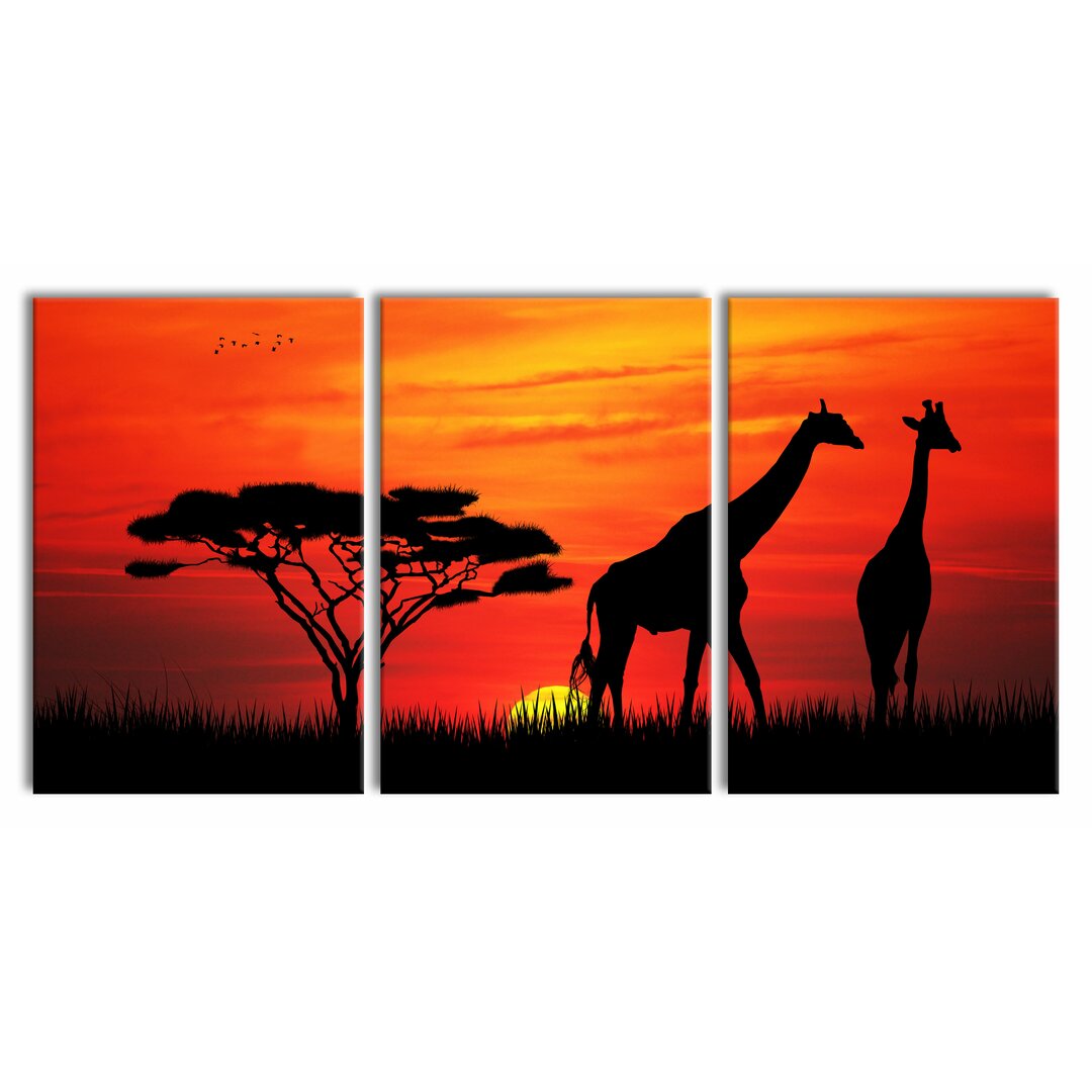 3-tlg. Leinwandbilder-Set Afrika Giraffen im Sonnenuntergang in Rot