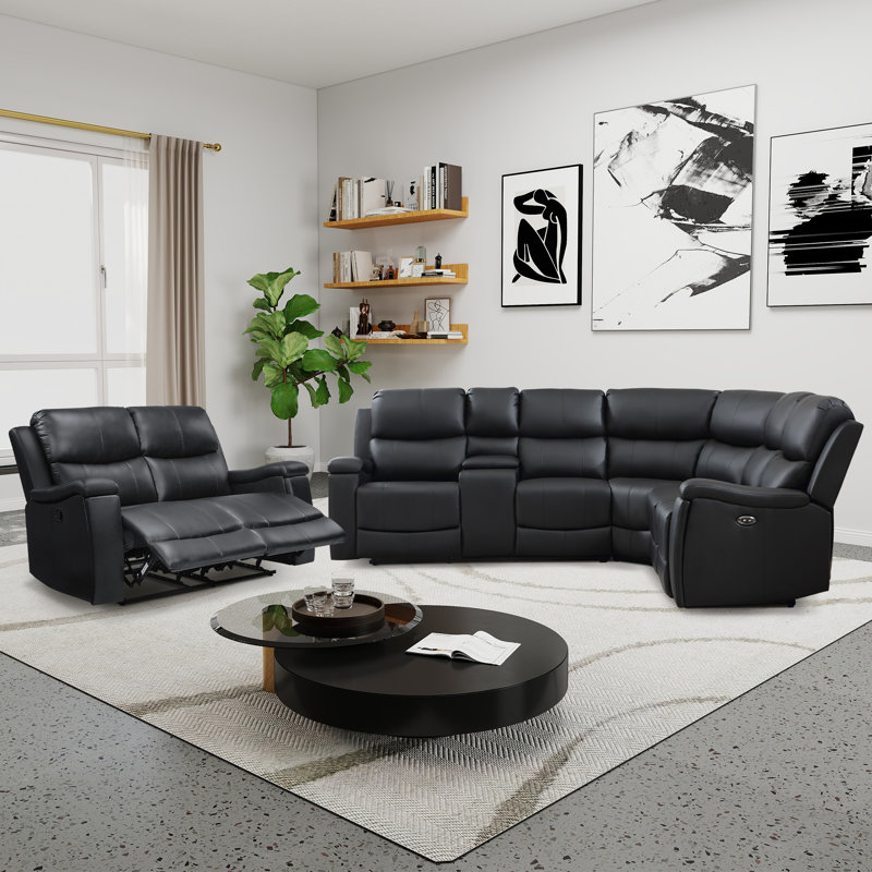 Hunstant 2-Piece Reclining Corner Sectional Sofa And Loveseat Set With Cupholder & Storage & Usb Ports, Midnight Faux Leather
