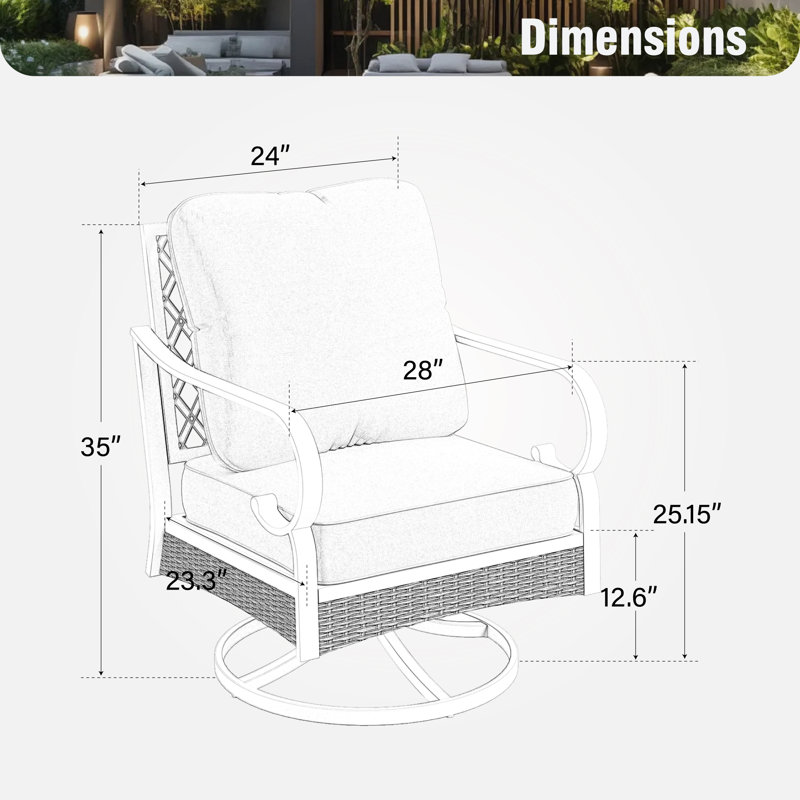 Swivel Outdoor Patio Lounge Chair, Beige Cushion/White Frame