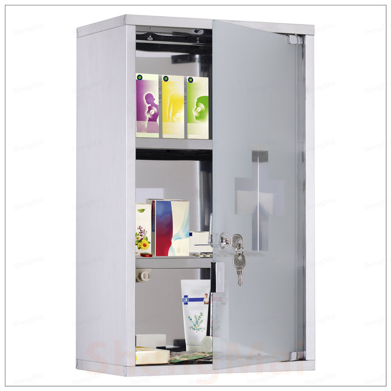 Armoire à pharmacie murale avec serrure, 3 tablettes à 3 niveaux, structure en acier inoxydable, porte en verre et 2 clés, argent