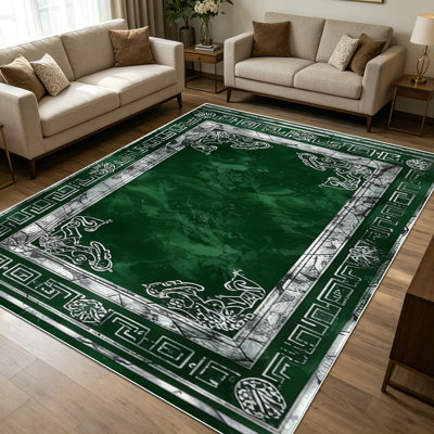 1PC Vintage Dark Emerald Green Distressed Silver Ornate Geometric Bordered area rugs for Living Room, Soft and Comfortable, Suitable for all seasons, easy-to-maintain, machine washable Indoor floor mat, Under Table Farmhouse suitable for Dining Room,