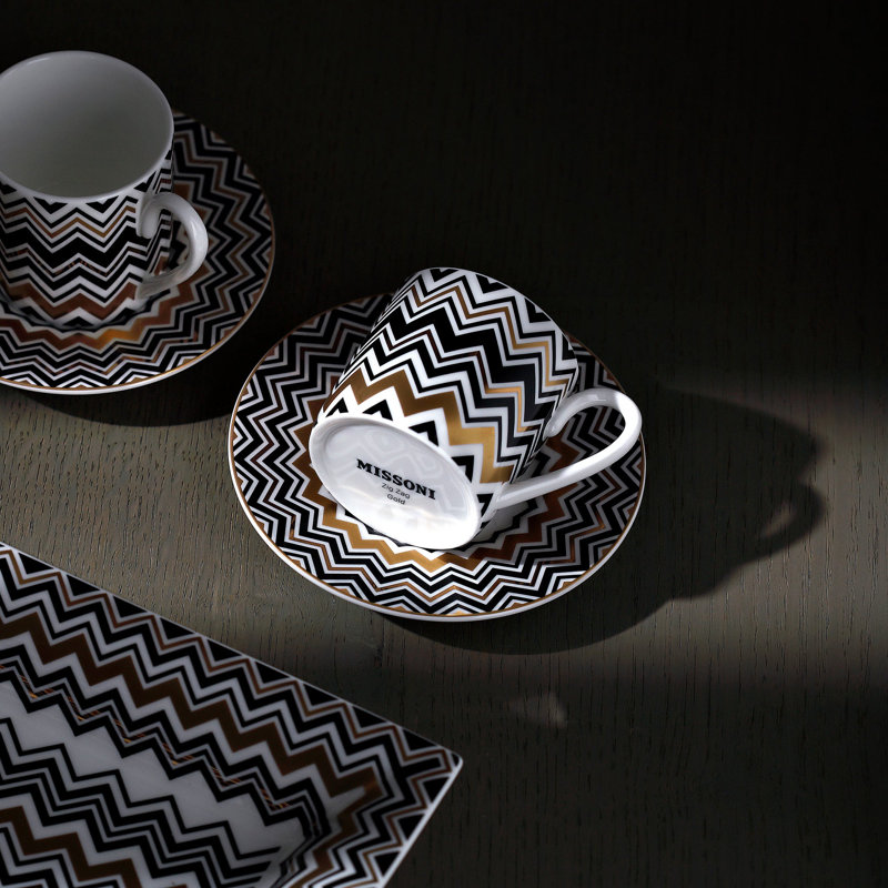 Missoni Tea Cup & Saucer Zig Zag Gold Luxury Box Set 6 Pcs. Diam. 3.3", H 2.3", Cap. 7.5 Oz, Saucer Dim. 6"