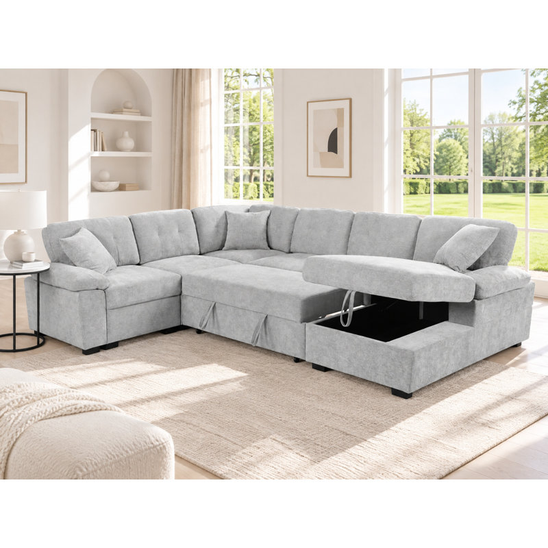 Upholstered 117.5 " Chenille U-Shaped Sofa Bed, Chenille gris pâle
