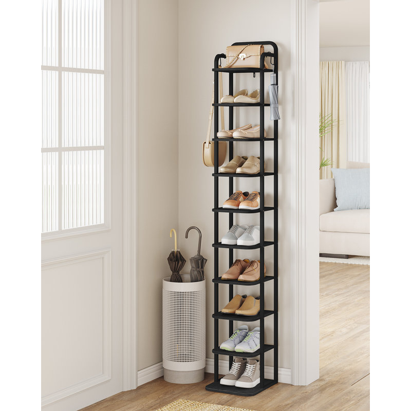 Vertical Shoe Rack, Shoe Shelves, Wood Shoe Organizer for Closet, Entryway, Shoe Tower for Small Spaces, Free Standing, Adjustable, with 2 Hooks, 10 Tier Black