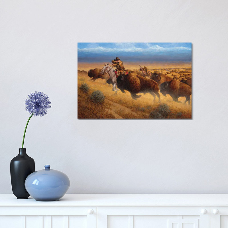 «Autumn Buffalo Hunt» par Joe Velazquez - peinture sur toile tendue, H 12 po x l 18 po x 1,5 po