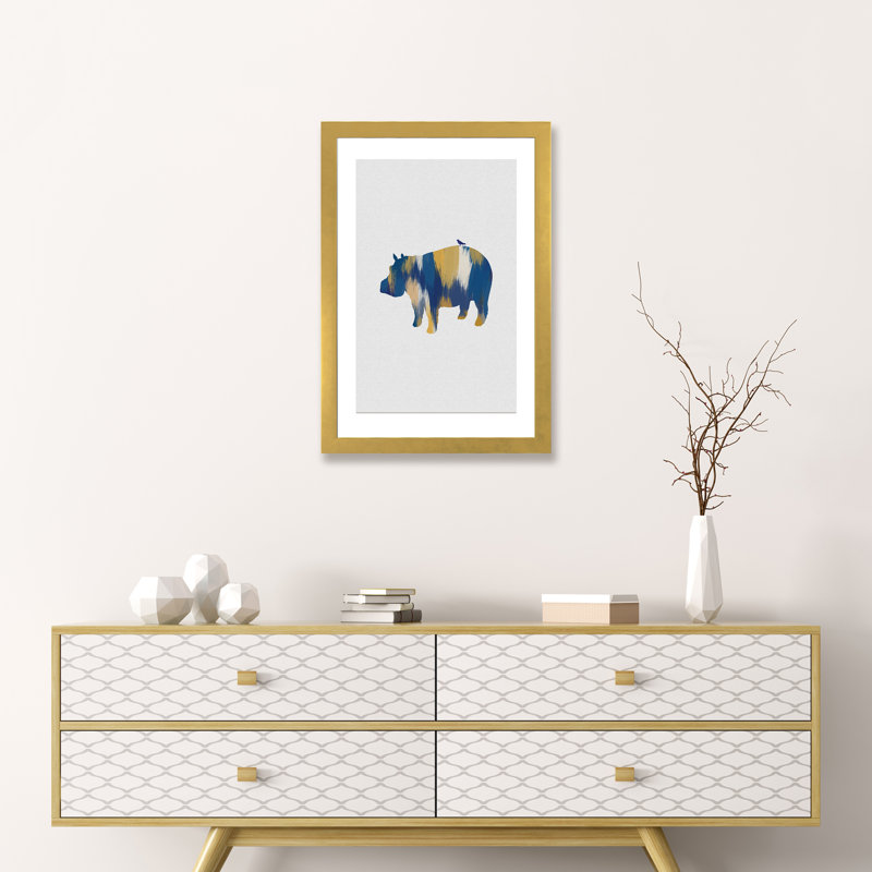 Hippopotame bleu et jaune - impression d'art graphique, H 24 po x l 16 po x P 1 po, Papier encadré doré