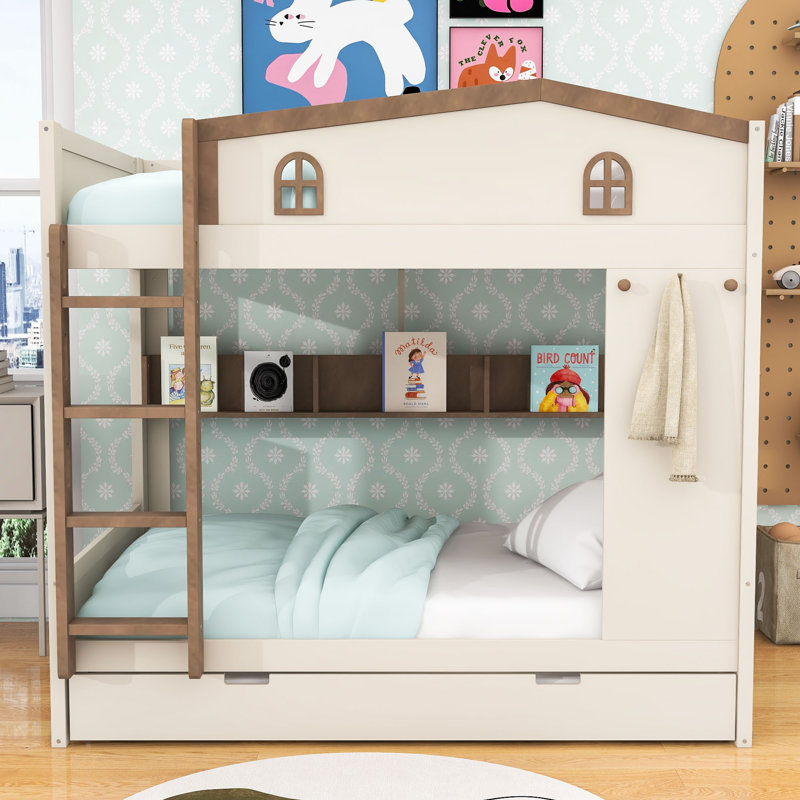 Wood Bunk Bed with Trundle and Storage Shelves,Ladder, Beige Natural, Full Over Full