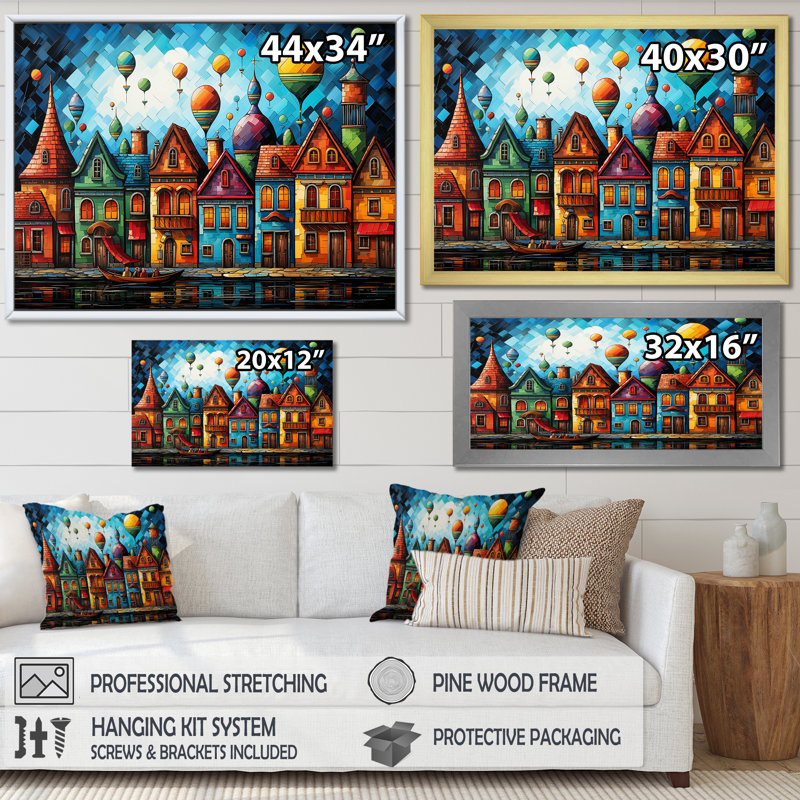 «Fantasy Air Ballon Village I», art mural en montgolfière, Cadre flottant noir, H 16 po x l 32 po x P 1 po